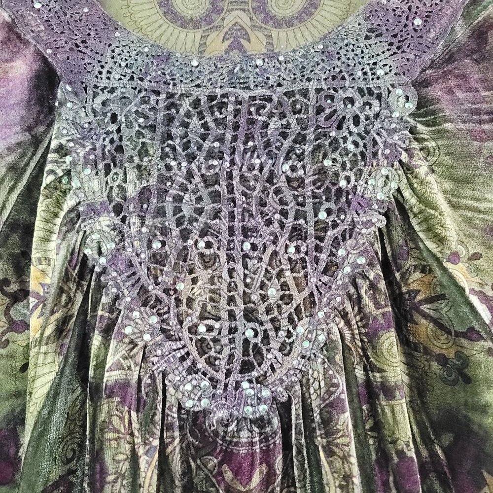 One World Womens Size M 3/4 Sleeve Embellished Beaded Sequin Boho Velour Top - Picture 2 of 14